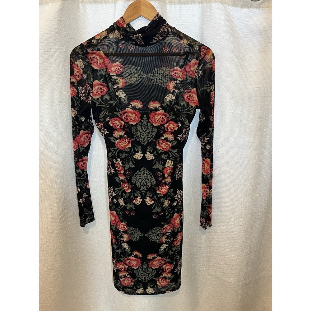 Love Fire Black Floral Mesh Bodycon Dress Mock‎ Neck Long Sleeve L Romantic Goth